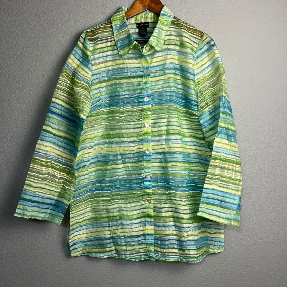 Citiknits Women's Medium M Button Down Sheer‎ Striped Top Blouse Green Blue